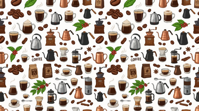 A busy collage of coffee related items, with beans, cups, kettles, and grinders displayed across the surface.