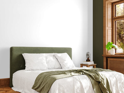 Natural Minimalist Bedroom Wall Mockup PNG with Upholstered Bed, Wooden Nightstand and Window, Transparent Background, Soft Shadows