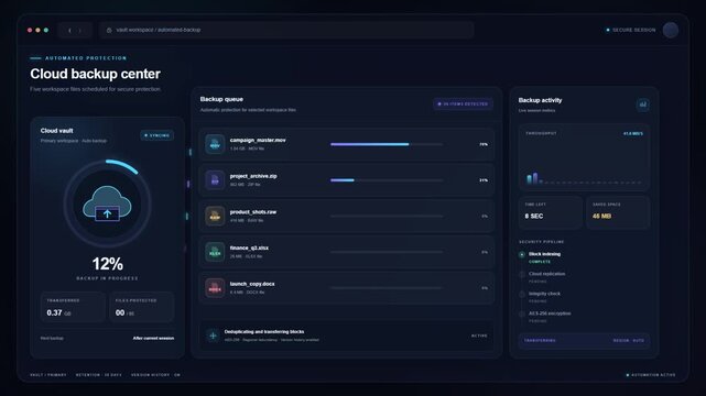 Cloud Backup Dashboard Fills Encryption Progress Bars and Confirms Protected Files
