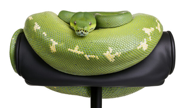 Green Tree Python coiled on black object