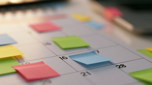 Calendar planner with colorful sticky notes and reminders for scheduling and organization