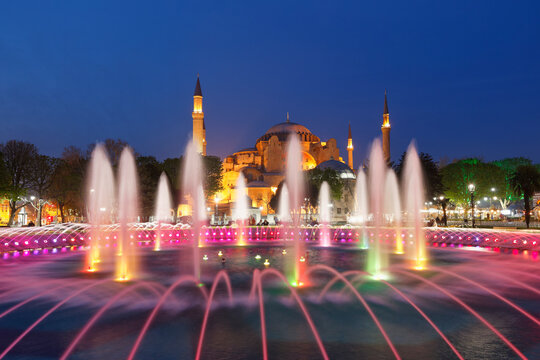 Turkey, Istanbul, Fountain in the Park, Hagia Sofia Mosque in the background
