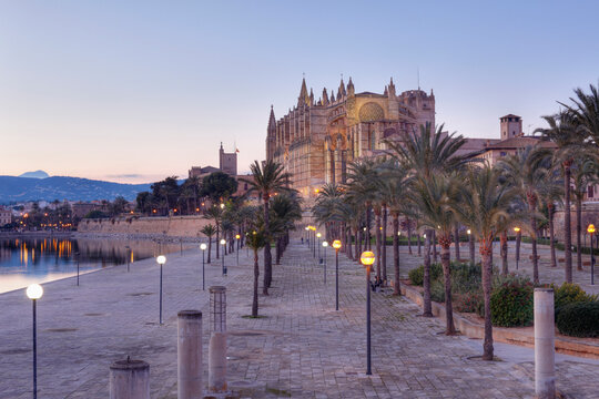 Spain, Balearic Islands, Majorca, Palma de Mallorca, Parc de Mar, Cathedral La Seu