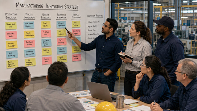 Manufacturing team planning innovation strategy with sticky notes