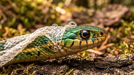 Fototapeta premium Snake Mid-Shed Old Translucent Skin Peeling Head Fresh Bright New Scales Eye Cap Clear Water Droplet Macro Reptile Renewal