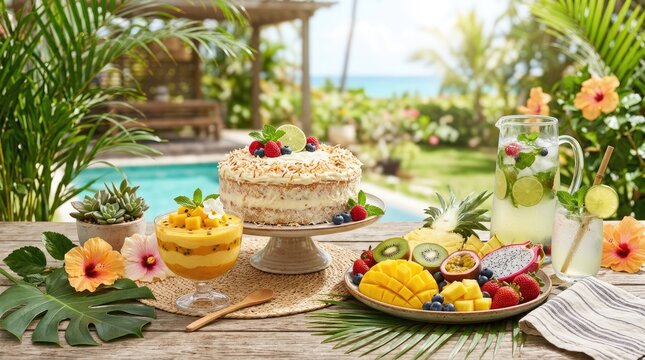 A tropical fruit platter and beverage setup is displayed on a rustic wooden table outdoors. A layered fruit dessert in a glass sits next to a pineapple-infused beverage with a lime wedge.