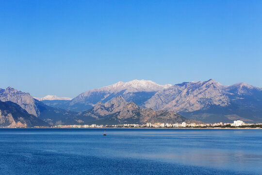 Turkey, Antalya, Turkish Riviera with Konyaalti Beach and Taurus Mountains