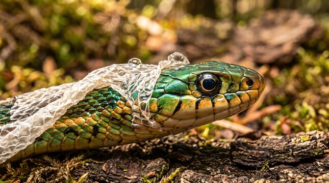 Snake Mid-Shed Old Translucent Skin Peeling Head Fresh Bright New Scales Eye Cap Clear Water Droplet Macro Reptile Renewal