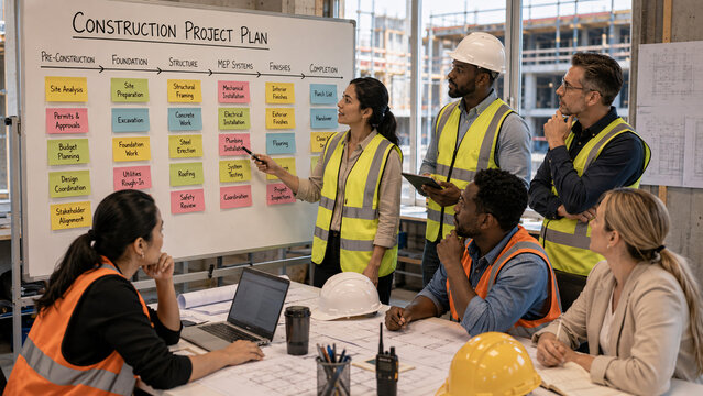 Construction team planning project strategy with sticky notes
