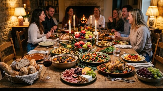 A group of people enjoy a festive dinner around a long wooden table. The table is laden with a variety of dishes, including roasted meats, fresh vegetables, bread, and wine.