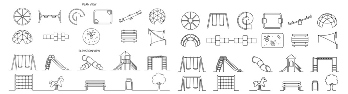 Playground Plan and Elevation Line Icons Set &ndash; Swings, Slides, Climbing, Benches and Park Equipment Vector Symbols 
