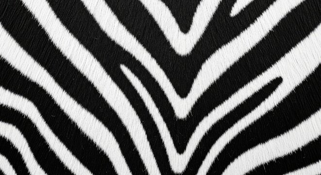 A close-up shot of a black and white zebra pattern. The pattern is composed of bold, sharply defined stripes that create a dynamic and visually striking design.