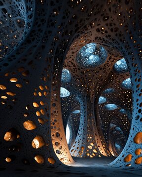 Surreal cavern interior with glowing orbs and intricate organic structures.