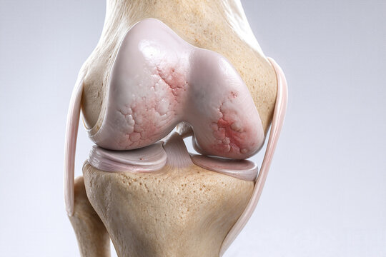 Anatomical knee joint model with visible bone structure and cartilage layers demonstrating arthritis symptoms, knee joint includes signs of inflammation and swelling,