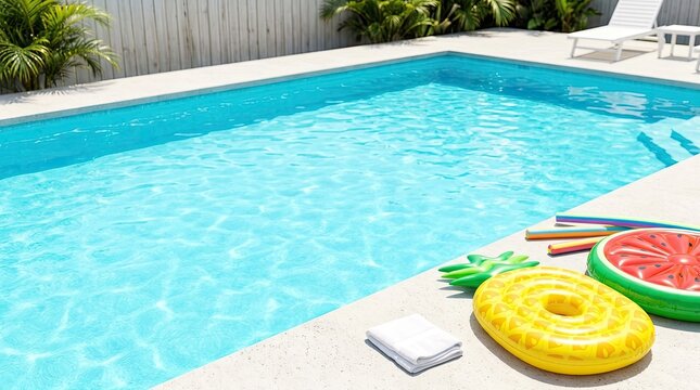 A bright blue swimming pool sits in a sunny backyard. A yellow inflatable ring, a watermelon slice, and a pineapple float are arranged on the poolside.