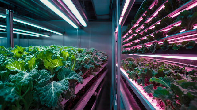 Modern indoor vertical farm hydroponic system growing fresh green lettuce under LED lights