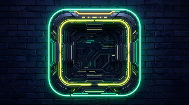 Futuristic square frame featuring complex mechanical internal components surrounded by glowing neon green lines mounted against a dark rustic brick wall for modern digital art projects