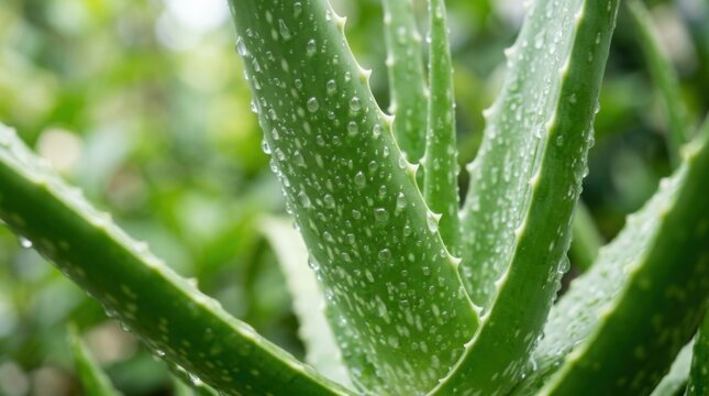 Close up of a healthy green aloe vera plant with water droplets on its leaves.