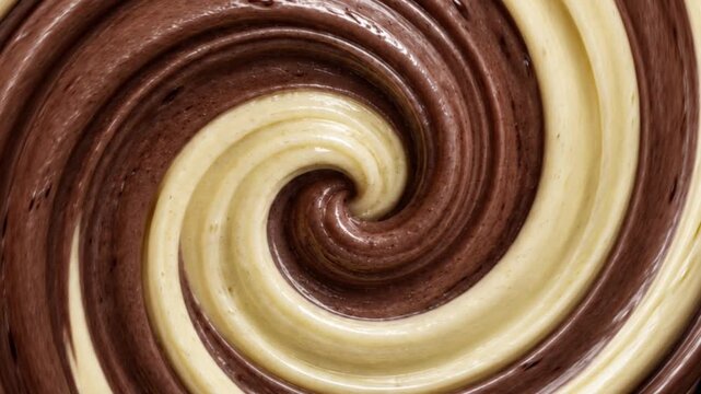 Macro Close Up of Chocolate and Vanilla Cream Swirl with Glossy Smooth Texture, Rich Cocoa Brown and Creamy White Spiral Pattern