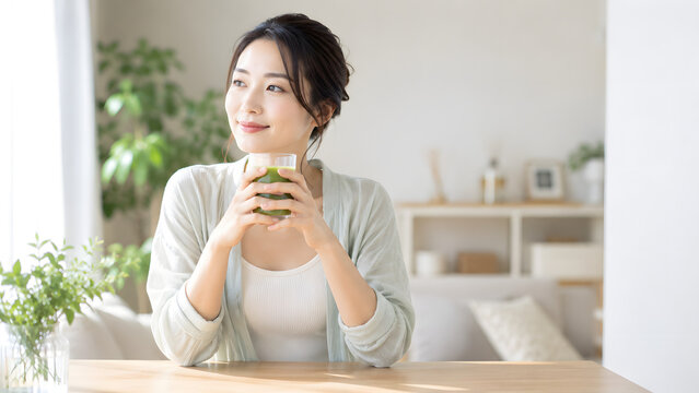 明るい部屋でグリーンスムージーを手に穏やかな笑顔を見せる若い女性