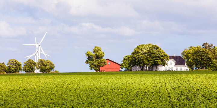 Denmark, Mon Island, field, wind park, barn and residential house