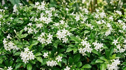 Fototapeta premium Close-up of a lush green bush covered in small white flowers.