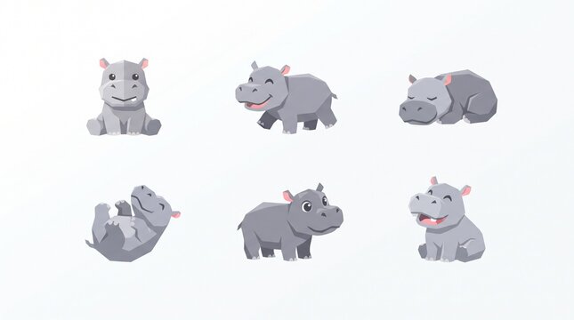 Set of cute cartoon hippopotamus characters in various poses isolated on white background. isolated 
