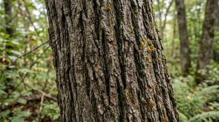 Obraz premium Close-up of a textured tree trunk in a lush green forest.