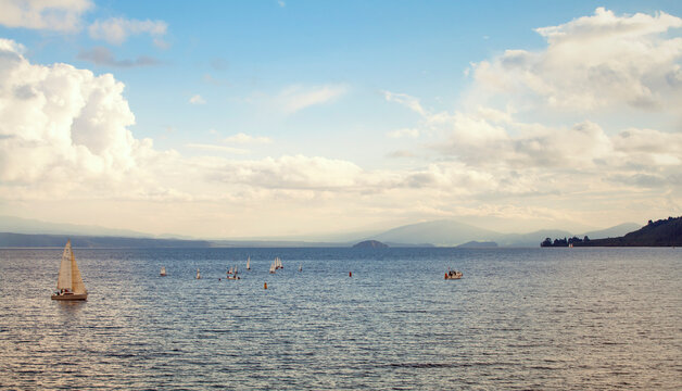 New Zealand, view to Lake Taupo with boats