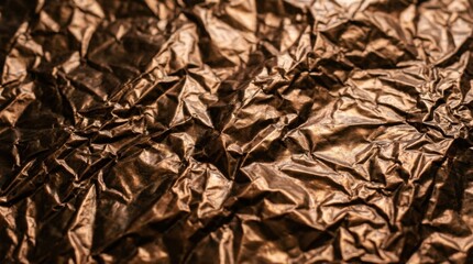 Fototapeta premium Close-up of Crinkled Bronze Foil Texture with Dramatic Lighting.