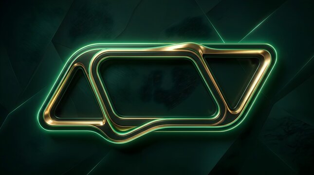 Abstract geometric frame design featuring metallic gold contours and vibrant emerald green glowing neon edges set against a dark textured background for modern visual branding projects.