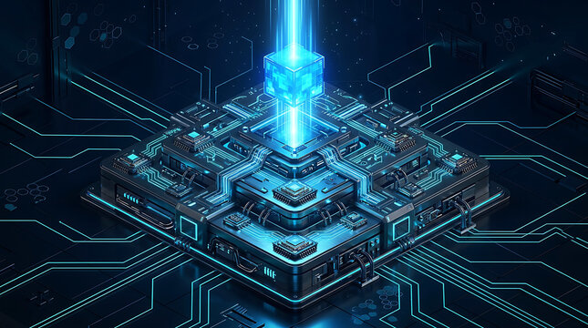 Futuristic Quantum Computer Processor Chip with Glowing Data Energy Core Concept