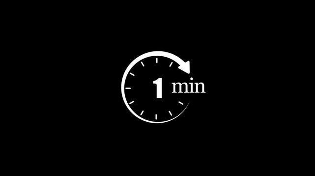 Countdown timer animation 1 minute clock with sweeping second hand on black background, 1 minute timer
