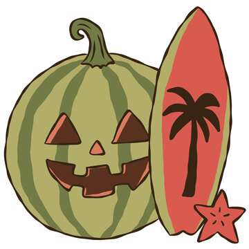 Watermelon Jack O Lantern Pumpkin with Surfboard Cute Halloween Coastal Surf Doodle Illustration
