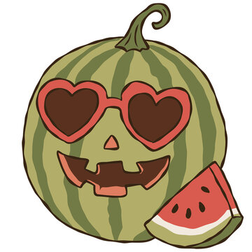 Watermelon Jack O Lantern Pumpkin Wearing Heart Sunglasses Cute Halloween Beach Illustration