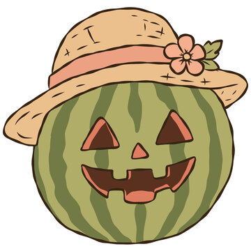 Watermelon Jack O Lantern Pumpkin Wearing Straw Sun Hat Cute Coastal Halloween Illustration
