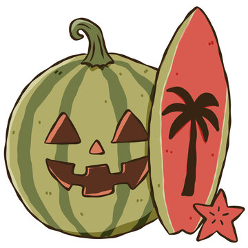 Watermelon Jack O Lantern Pumpkin with Surfboard Cute Halloween Coastal Surf Doodle Illustration