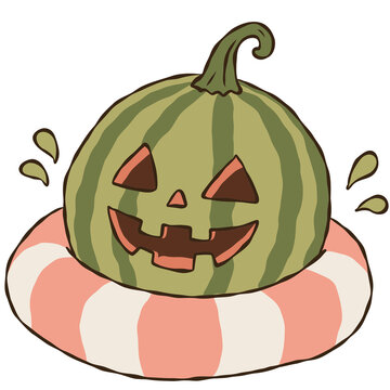 Watermelon Jack O Lantern Pumpkin on Pool Float Cute Tropical Halloween Summer Doodle