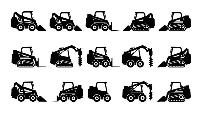 Skid Steer Loader Vector Icon Set Featuring Various Construction Heavy Equipment Machinery Silhouettes