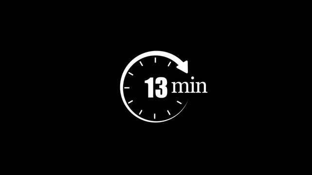 Countdown timer animation: 13 minutes to midnight minimalist clock with sweeping second hand for deadlines, horror, or suspense