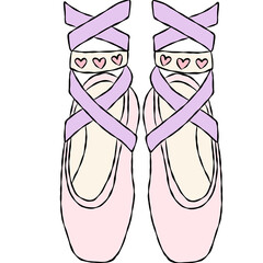 Lace Up Ballet Pointe Shoes with Purple Ribbons and Hearts Hand Drawn Dance Illustration © Saltyarts design