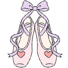 Ballet Pointe Shoes with Purple Bow and Heart Ribbons Hand Drawn Ballerina Illustration © Saltyarts design