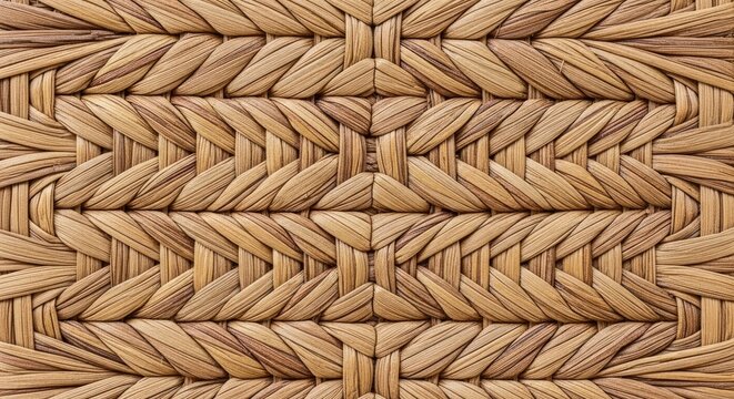 A close-up shot of a woven basket displaying a complex, symmetrical pattern of interwoven strands.