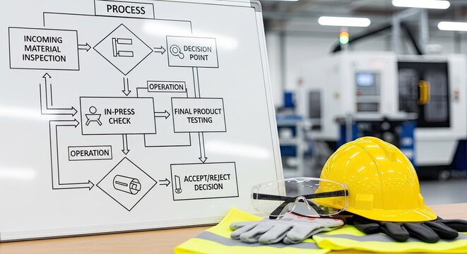 A worker wearing a yellow hard hat and safety glasses inspects incoming materials in a manufacturing facility.