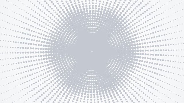 Clean white background with a pulsating light grey halftone dot circle. This seamless minimalist abstract motion graphic loop is perfect for modern corporate presentations.