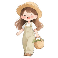 Cute watercolor girl in straw hat and jumpsuit overalls carrying straw bag illustration