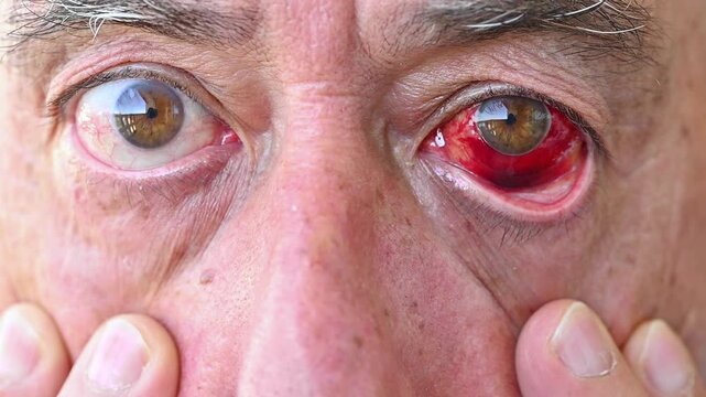 Close-up of male eyes during lower eyelid examination with subconjunctival hemorrhage , hyposphagma, red eye, broken blood vessel, ophthalmology inspection and ocular health