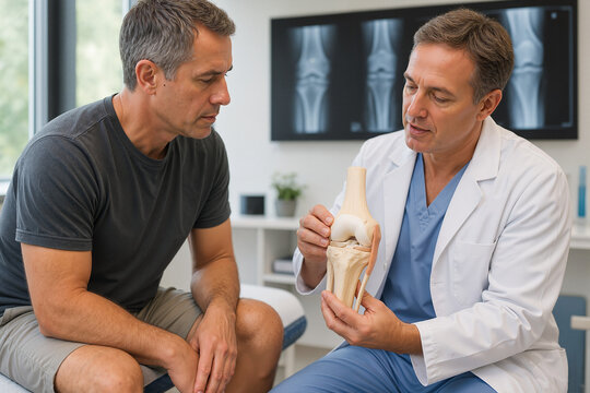 Bone and joint consultation with doctor explaining knee anatomy and patient listening in medical office. Bone examination focuses on knee joint, arthritis, and treatment options.