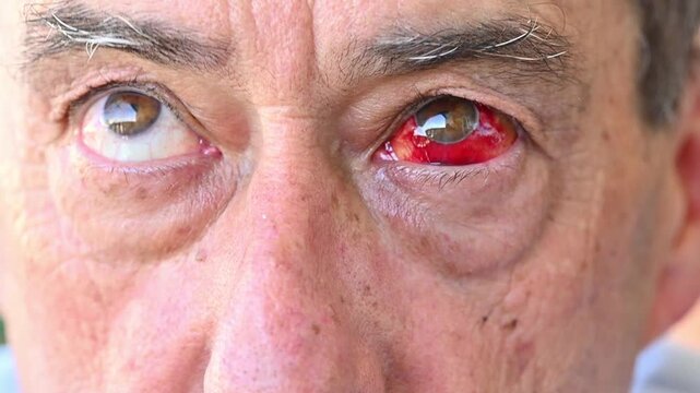 Close-up of male eyes with subconjunctival hemorrhage (hyposphagma), blinking, eye movement, tracking gaze, red eye, Eye hemorrhage due to stress or mobile phone use