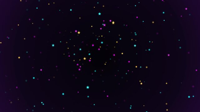 Dark space background with colorful cyan, pink, and gold stars flying towards the camera. This seamless cosmic vortex motion graphic loop is perfect for magical fantasy designs.
